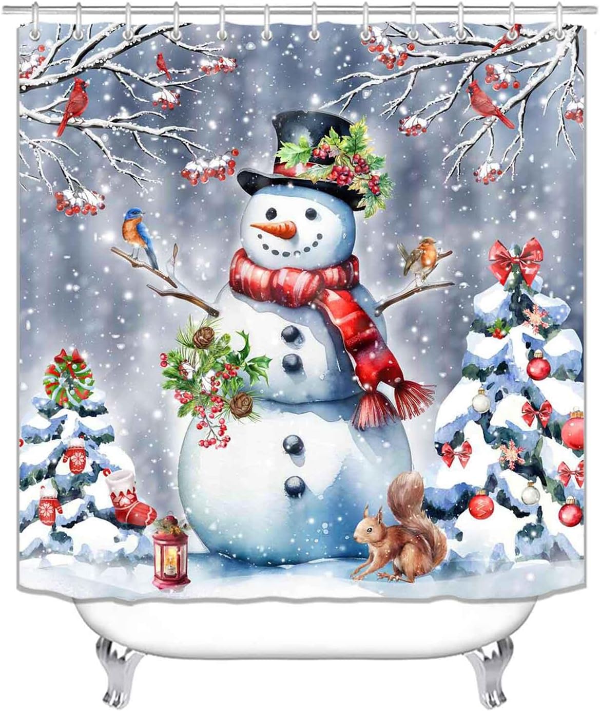 4PCS Christmas Snowman Shower Curtain Sets with Rugs, Waterproof Fabric Shower Curtain, Winter Xmas Tree Cardinal Birds Squirrel Red Berry Green Holly Holiday New Year Christmas Bathroom Decor