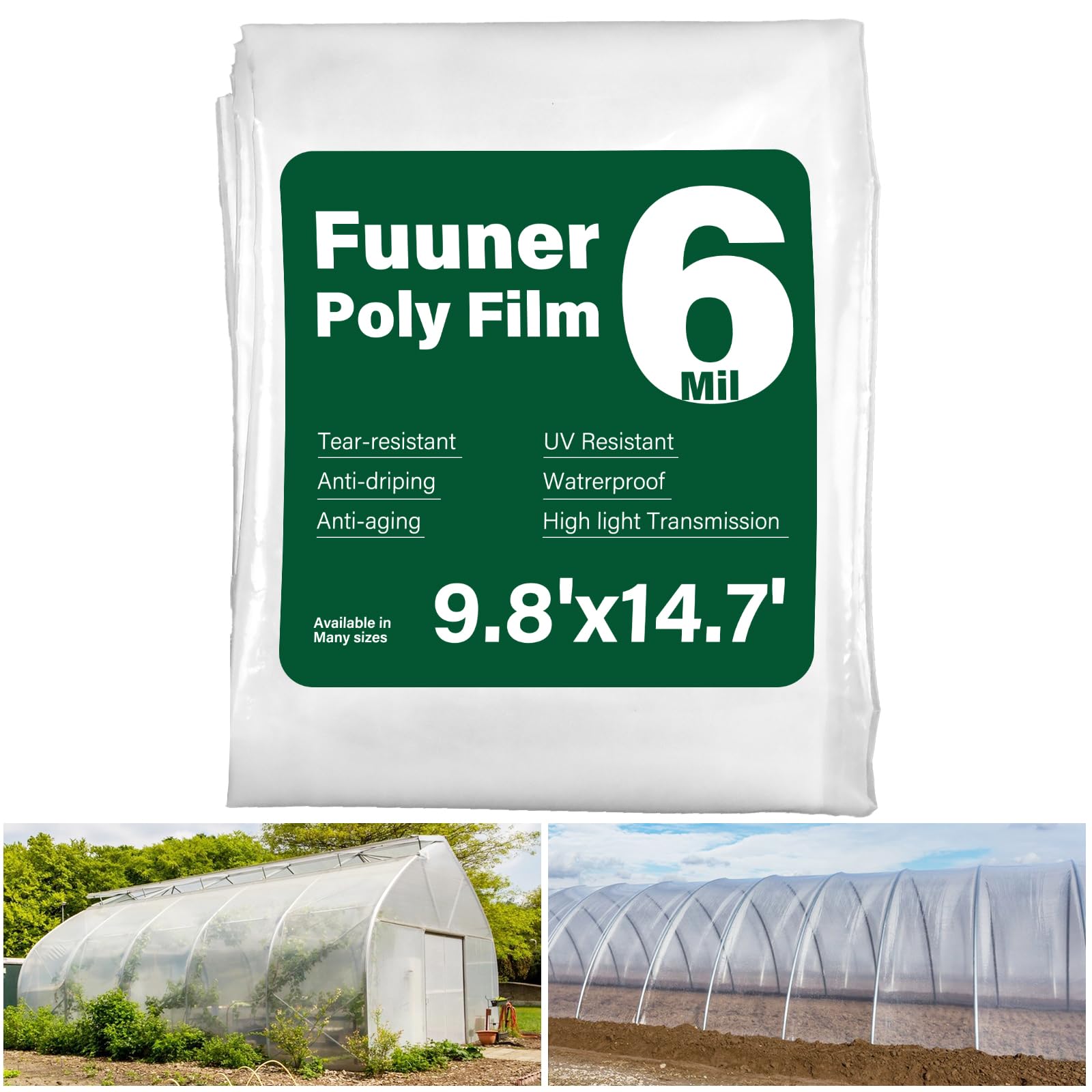 Greenhouse Plastic Sheeting 6 Mil, 10 x 15 FT Heavy Duty Clear Polyethylene Film for Greenhouses, High Light Transmission, Weatherproof, UV Resistant, Plastic Covering for Gardening, Farming