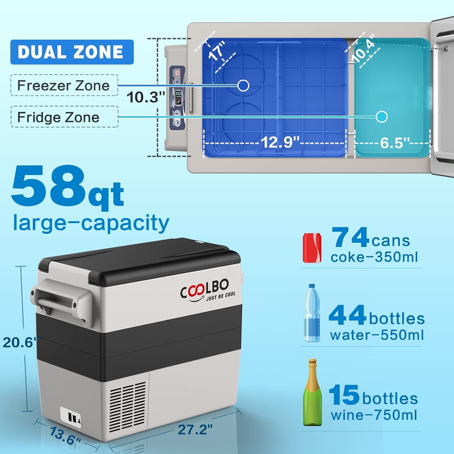 COOLBO Recommended 17 Quart Portable Compressor Car Fridge Portable Cooler Freezer 12 Volt. -20-10, 12/24V DC RV Car Refrigerators, Touch Screen, For Truck, Outdoor, Camping, Vehicles, Travel, and Home & Car Use : Automotive