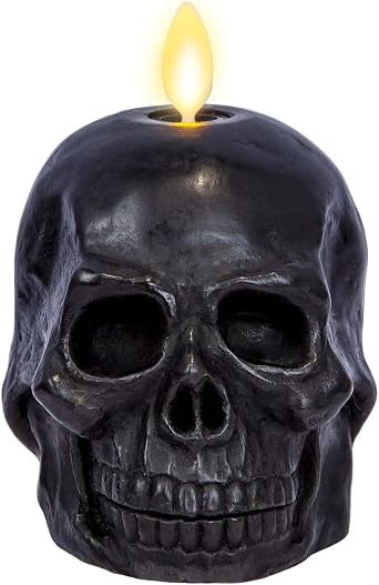 Luminara Flameless Single LED Moving Flame Small Skeleton Skull Figural 3.75" x 4.25" Real Wax LED Candle, Unscented, Timer - Black