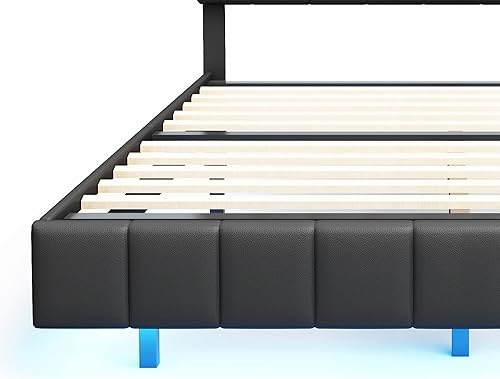 Miniatura 6 de Base de cama flotante tamaño Queen con luces LED y carga USB, marco de cama LED de plataforma tapizada moderna, no necesita somier, fácil de montar