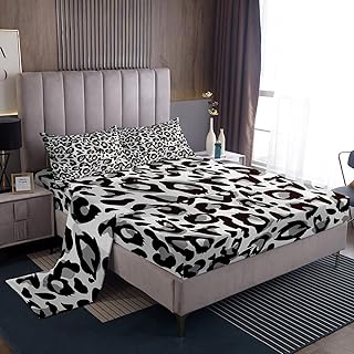 Homewish Snow Leopard Bed Sheet Set Kids Cheetah Pattern Sheets Set 4pc Leopard Skin Pattern Microfiber Soft Bedding Set,1 Flat Sheet,1 Deep Pocket Fitted Sheet,2 Pillow Casesï¼ˆQueen Sizeï¼‰