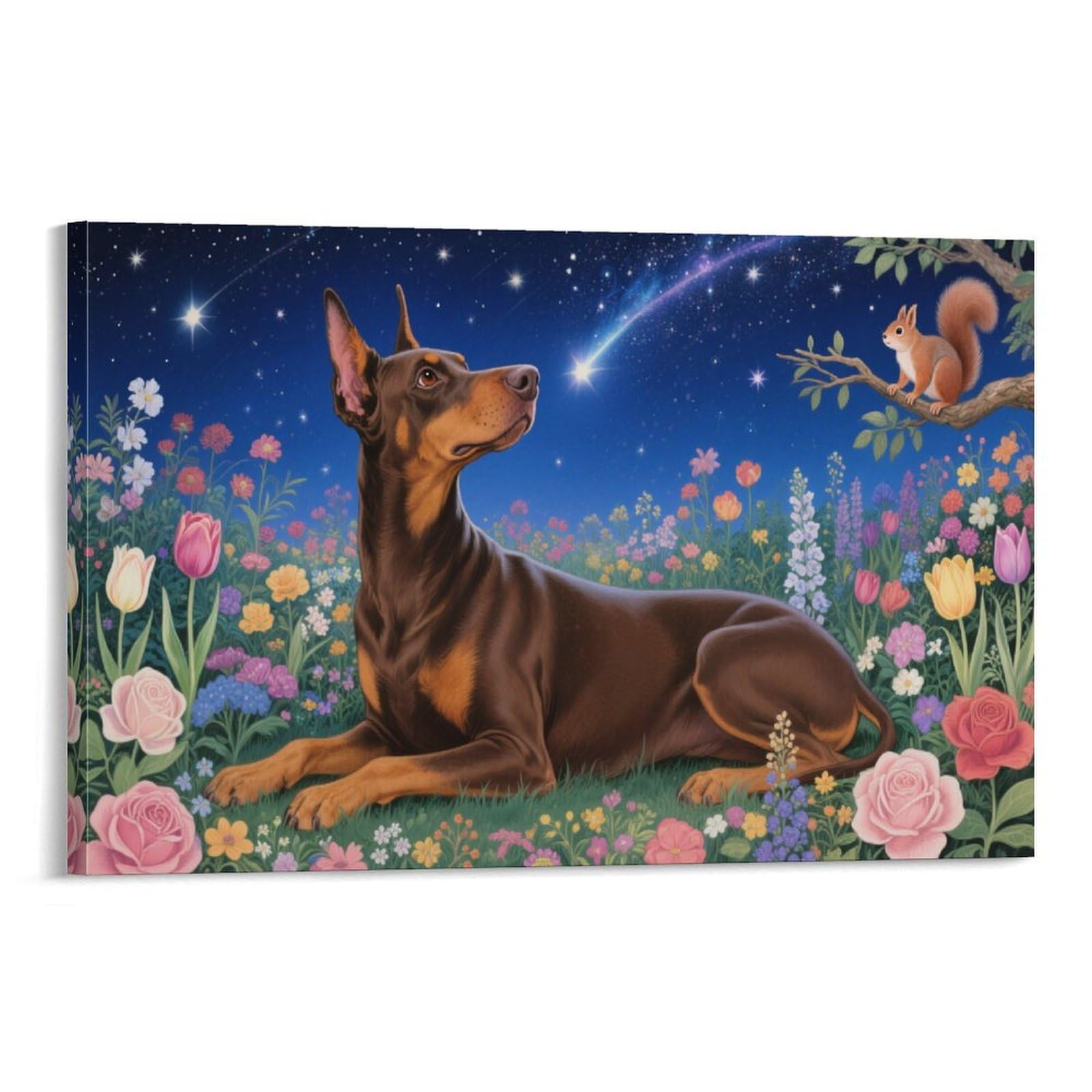 EMYXPAQM Doberman Pinscher Wall Art The Dobermann Dog Lay in A Garden Full of Flowers Pictures on Canvas Prints Modern Decor for Living Room Bedroom 08x12inch(20x30cm)