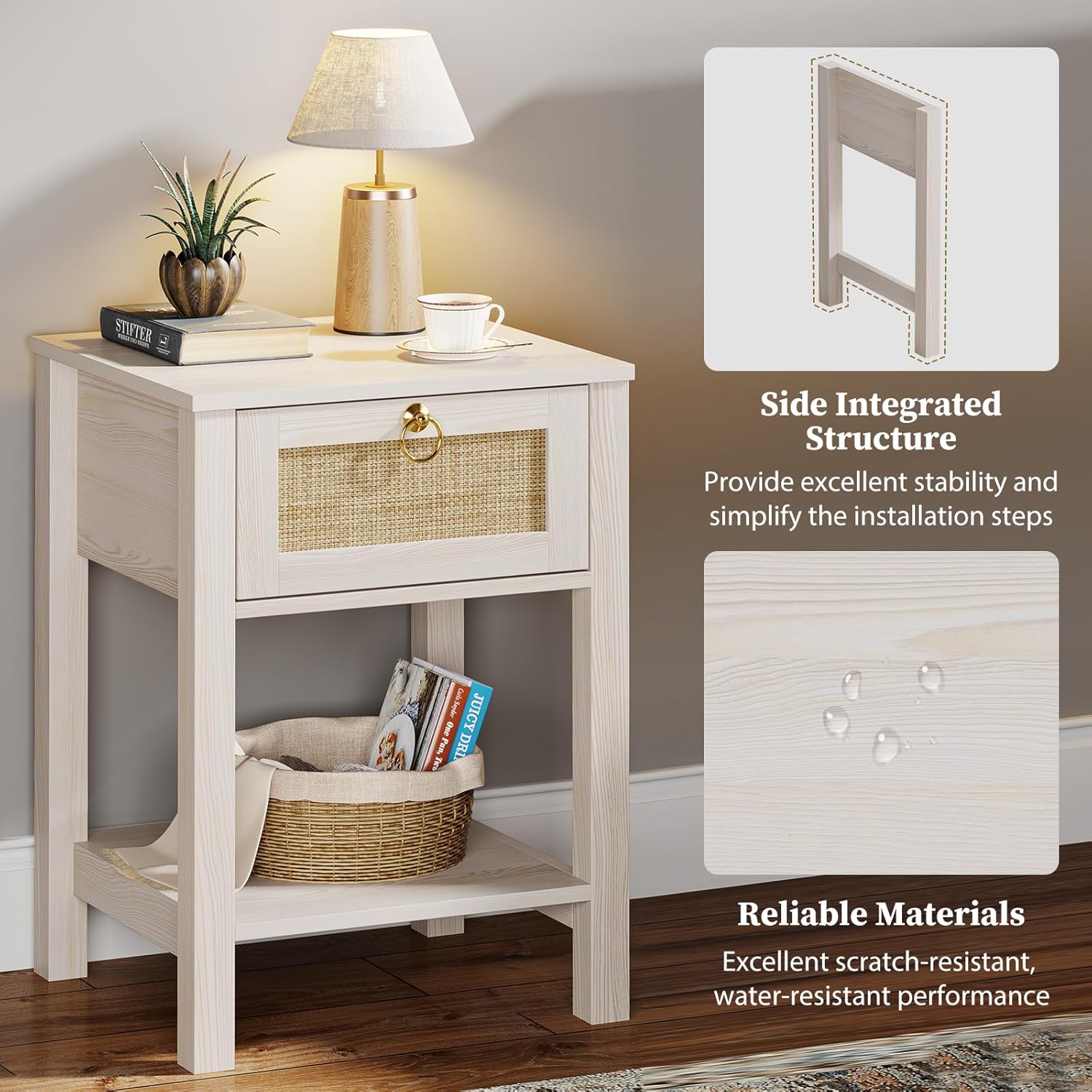 Rattan Nightstand Set of 2: Sturdy White Night Stand with Rattan Decor Drawer, Farmhouse Nightstand Bedside Table Boho End Tables Side Tables for Bedroom (Cream White Oak,2 Pieces)