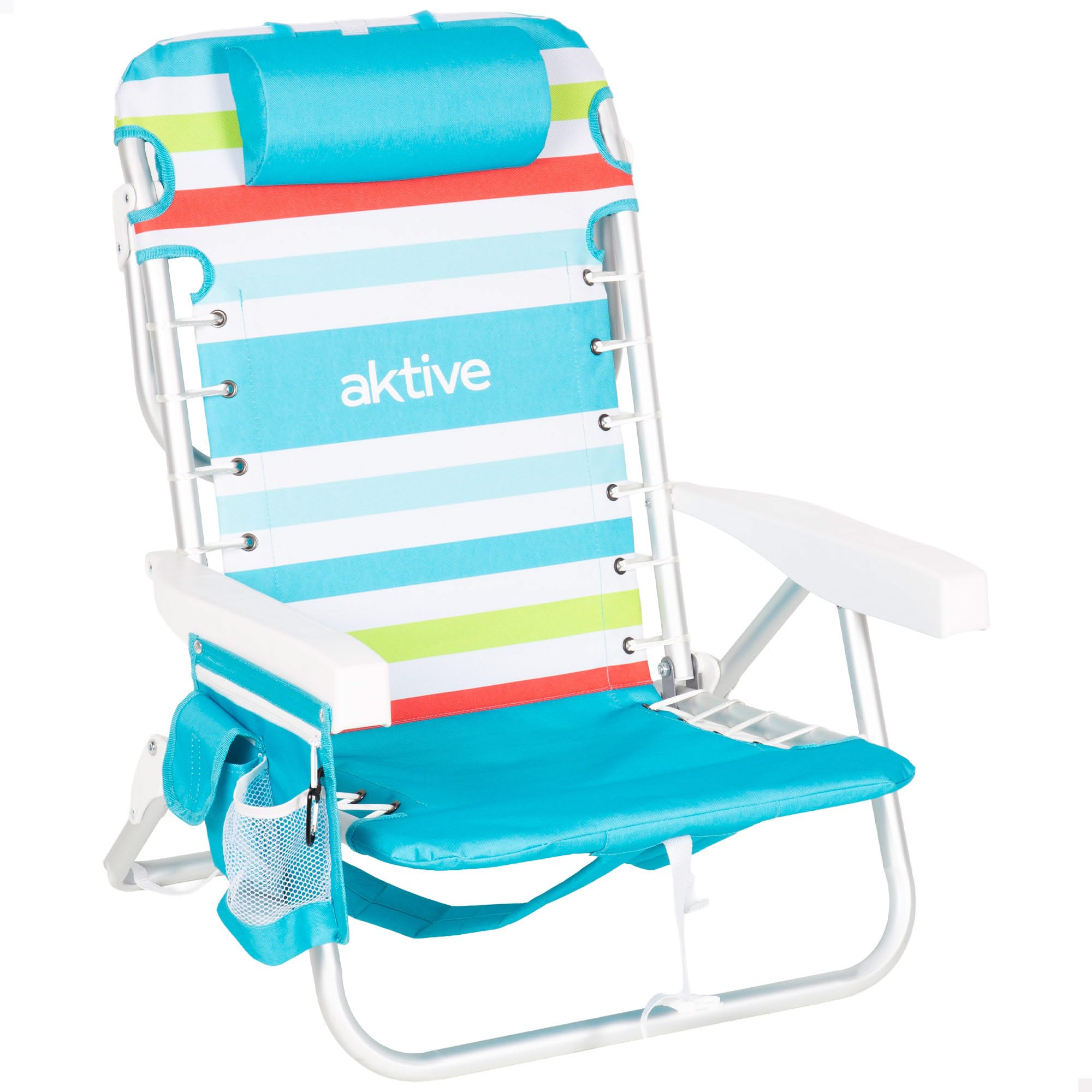 AKTIVE Silla de Playa Plegable, Multicolor, 50x53x77 cm, 5 Posiciones, Aluminio y poliéster, Soporta 110 kg, Bolsillo Lateral y Trasero, Nevera Trasera, Cojín, Transporte Mochila (62544)