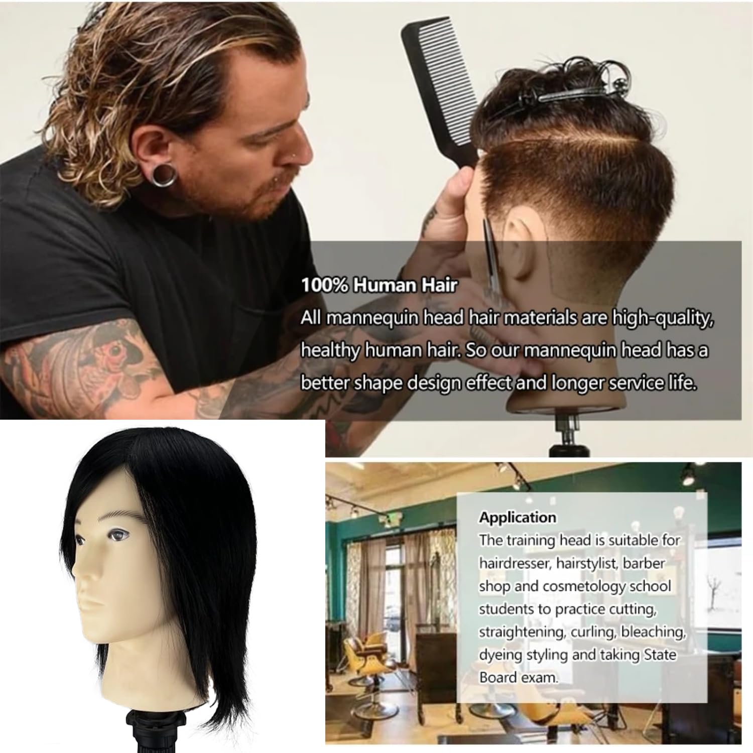 Male Mannequin Head Training Head,100% Real Human Hair for Hairdressers Manikin Head for Hair Styling and Practice,Hair Stylists,Cosmetologist,Barber Shop (12 inch Classical Black)