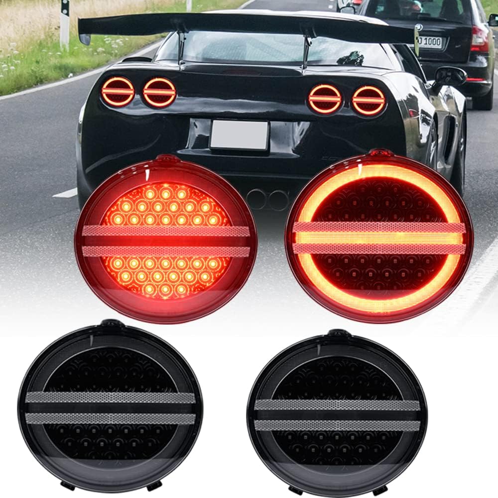 4Pcs C6 Red LED Tail Light Assembly for Chevy Corvette C6 2005-2013 Brake Light Turn Signal Lamp Parking Light Clear Lens OEM# 25958215/25958216