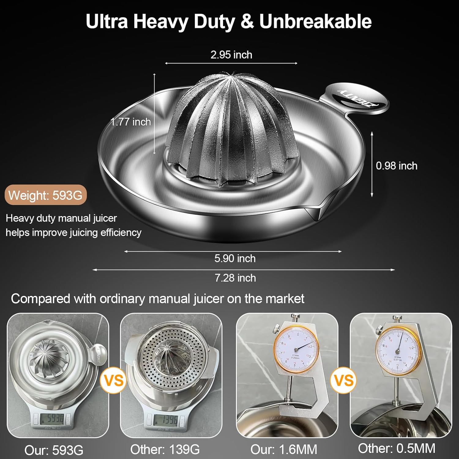 Lemon Squeezer Stainless Steel, Heavy Duty Manual Hand Juicer, Premium Citrus Reamer Juicer Rotation, Lime Orange Fruit Squeezer, 200ML Container 2 Pour Spouts, Dishwasher Safe（5-Year Warranty）