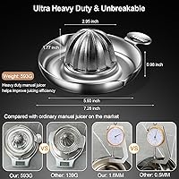 Vista 6 de Lemon Squeezer Stainless Steel, Heavy Duty Hand Manual Citrus Juicer, Premium Orange Lime Fruit Squeezer, Robust Reamer Rotation 2 Pour Spout 200ML