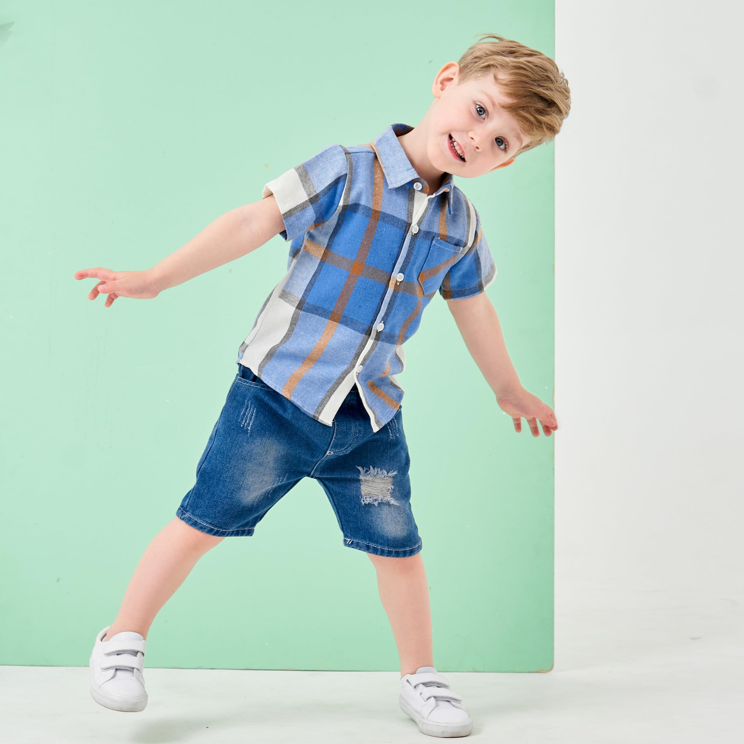 Volunboy Completi Estivi Bambino, Manica Corta Camicia Quadri + Short Jeans Blu Strappati 2 Pezzi Set