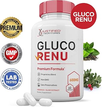 (3 Pack) Gluco Renu 688MG Glyco Support Pills Premium Formula Gluo Renew Glycogen Support Formulated Hawthrone Hibiscus Garlic Junpier Powder Olive Green Tea Extract 180 Capsules