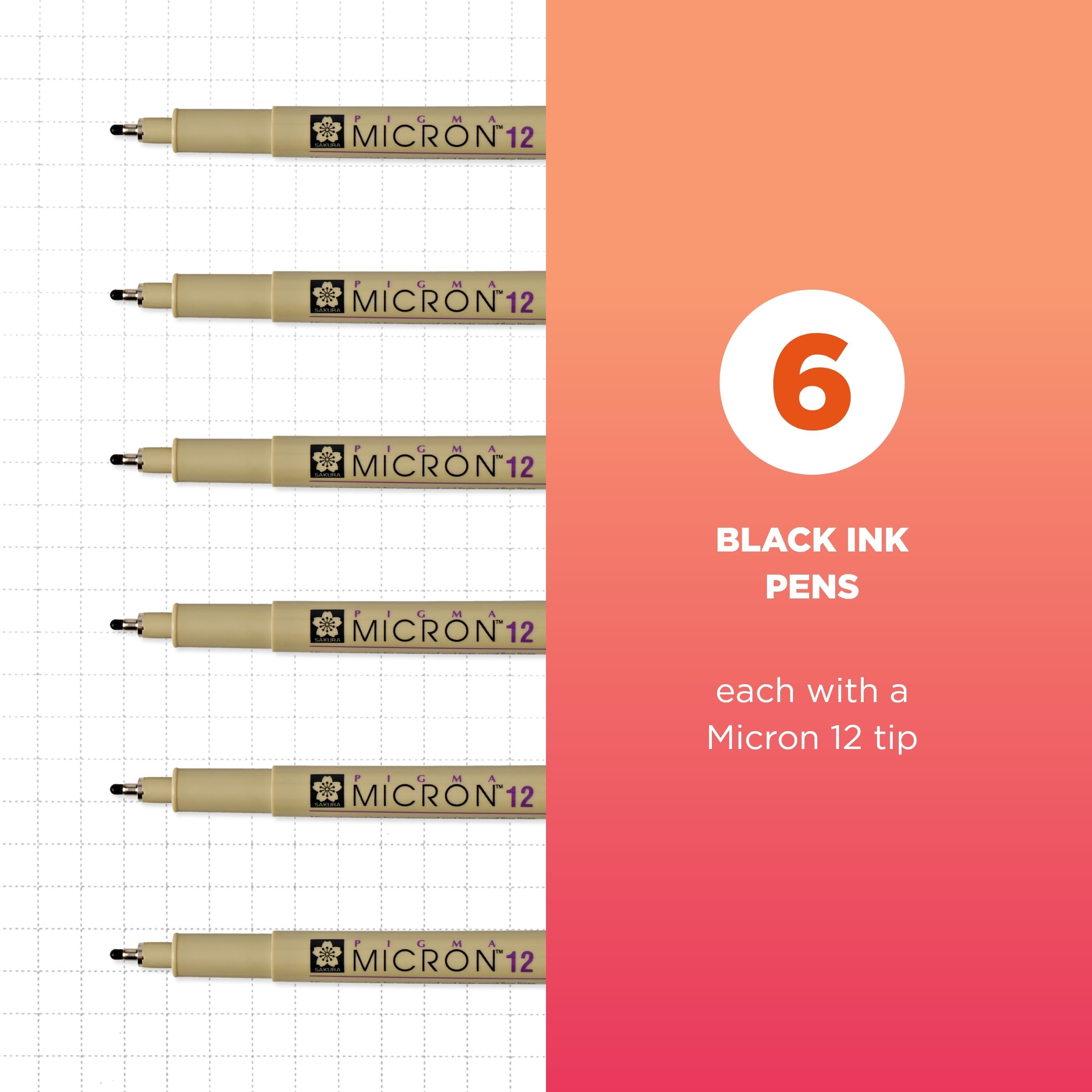 SAKURA Pigma Micron Fineliner, Archivierungsstifte, schwarze Tinte, Stifte zum Schreiben, Zeichnen oder Journaling, schwarze Tinte, 12 Spitzen, 6 Stück
