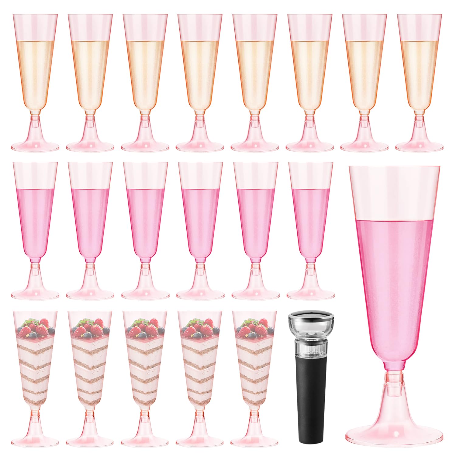 MAIXINNEW 20 Pcs Champagne Glasses Plastic Reusable 150ml, Sturdy Plastic Champagne Flutes, Wine Glasses Reusable with Wine Stopper Vacuum for Party, Wedding