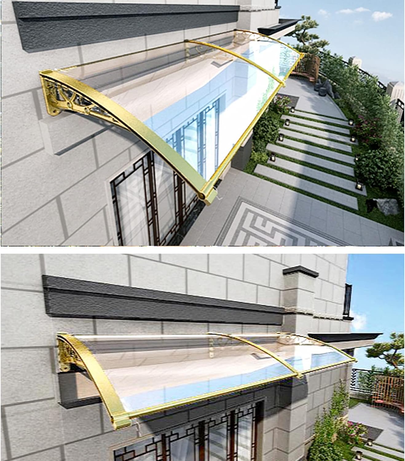 Curved Window Door Canopy,Garden Canopy Awning,Outdoor Silent Roofing Rain Shelter,Patio Porch Awning Polycarbonate Cover Aluminum Brackets,Sunshade Awning,60-450cm (60x320cm/24 x126)