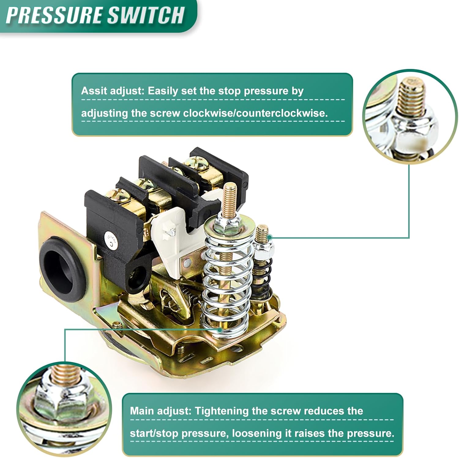 Brass Well Pressure Tank Tee Kit with 40-60PSI Pressure Switch, 100Psi Pressure Gauge, Valve, DN25Check Valve, Pagoda Joint, Hose Clamp, for Well Pressure Tank with Diameters Up to 16"