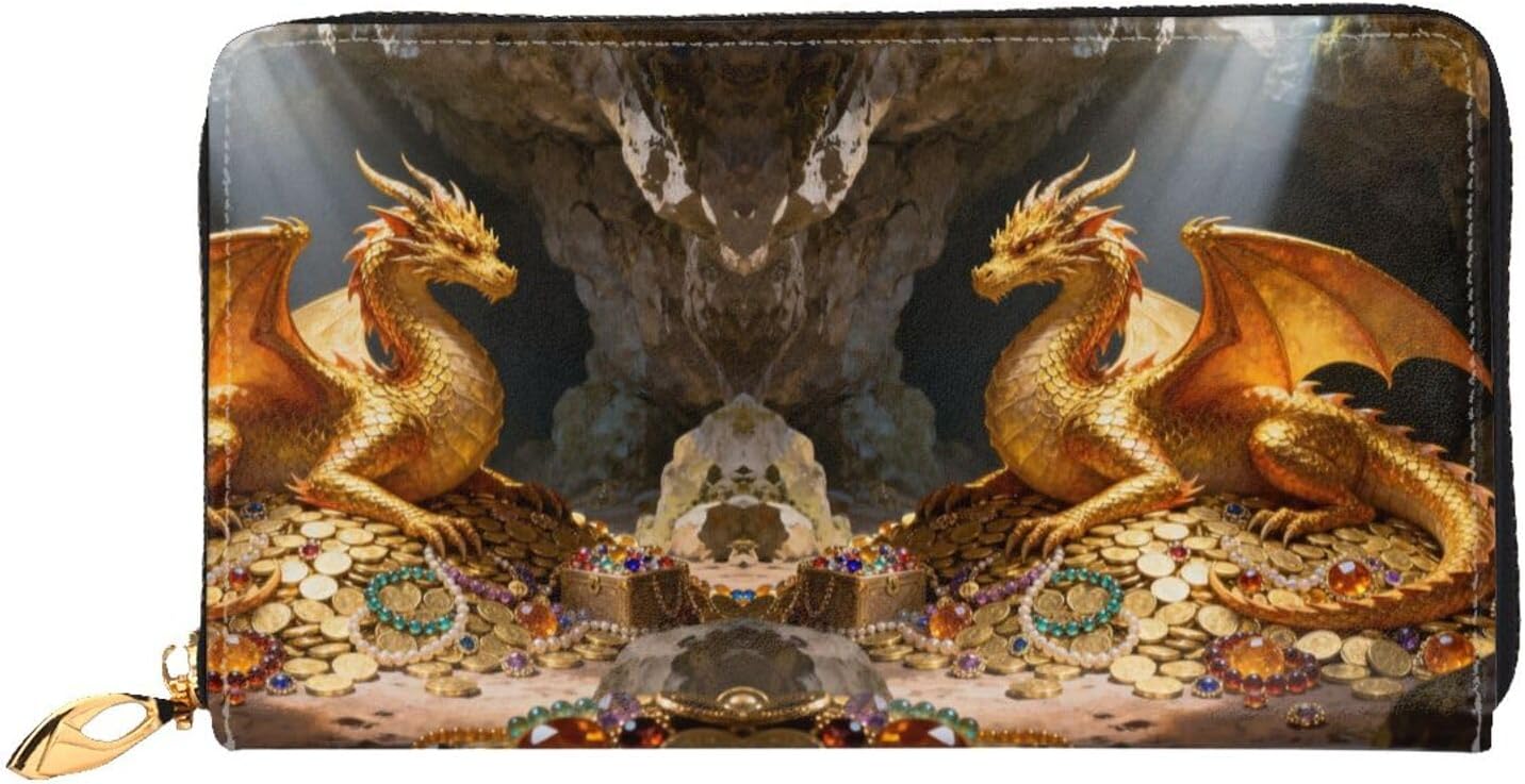 Golden Dragon Pattern Long Zip Around Wallet for Women, Large Capacity RFID Leather Wristlet Wallet with 12 Card Slots Coin Purse, Fashion Clutch Purse with Wrist Strap