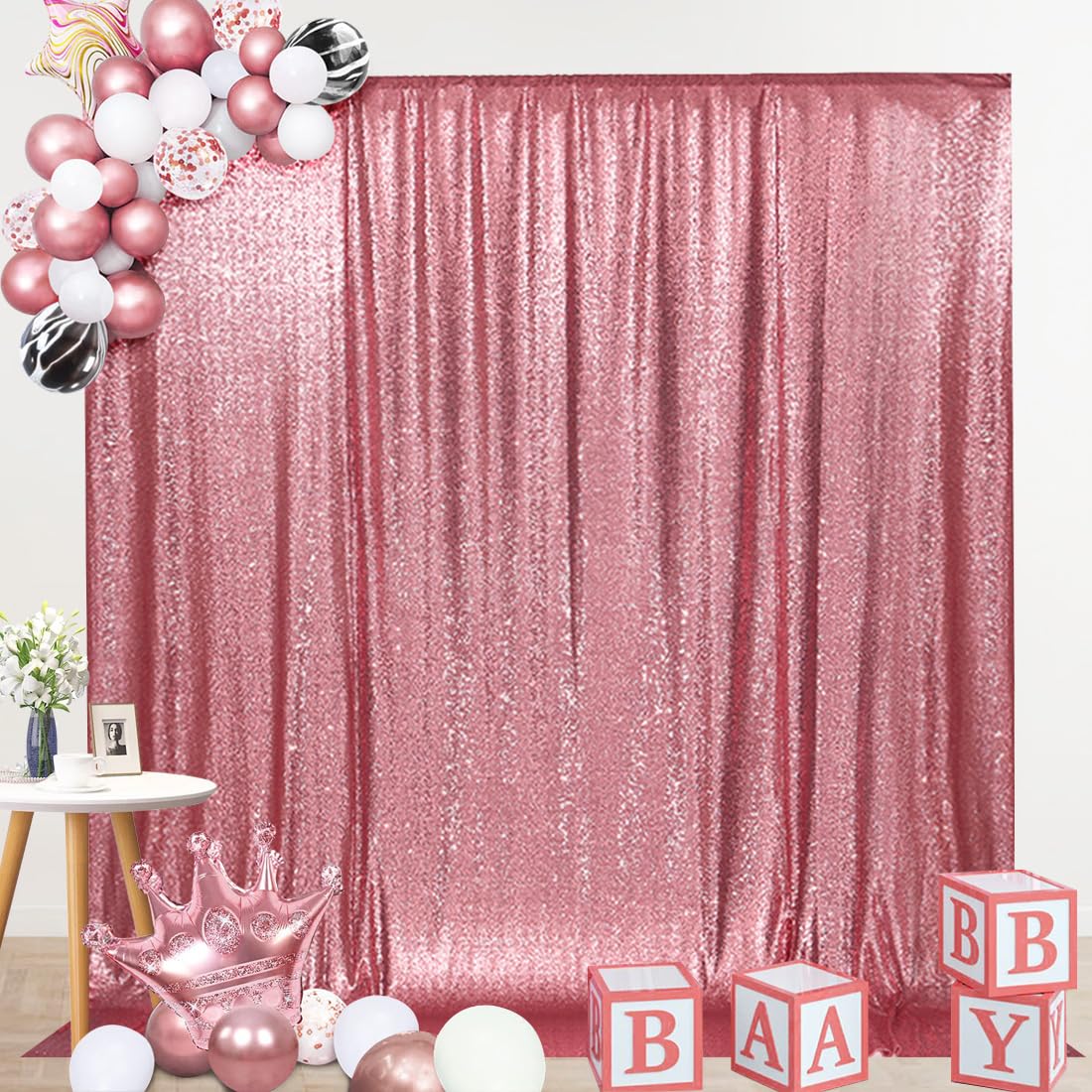 SquarePie Sequin Backdrop Curtain Not See Through Thick Glitter Background for Party 8FT x 10FT Fuchsia Pink