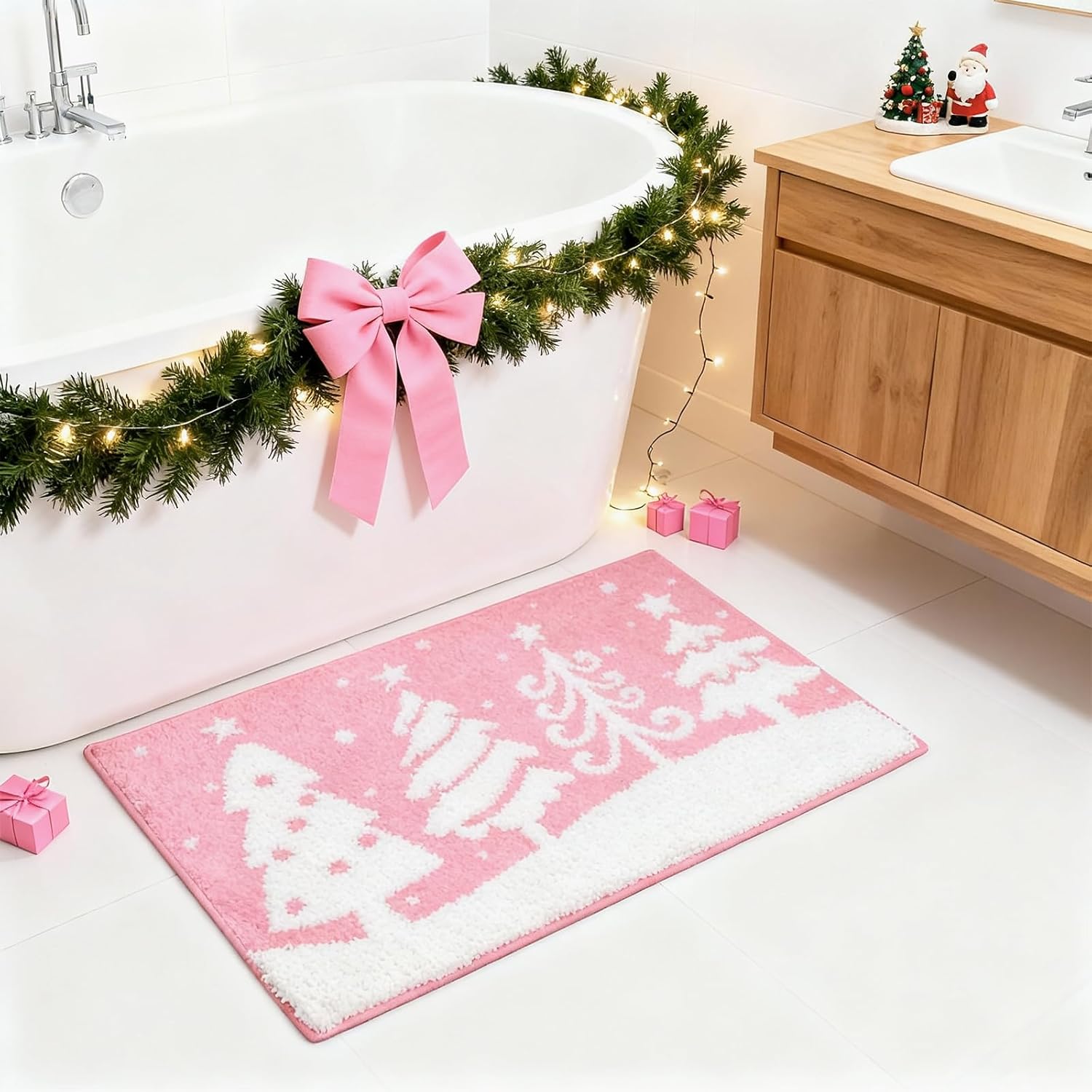 Mocsicka Christmas Bath Mat Pink Xmas Tree Winter Bathroom Rug Super Soft Absorbent Bathroom Rugs Non Slip Bath Mat Machine Washable Rug for Bathrooms 20x32 inches (Pink)