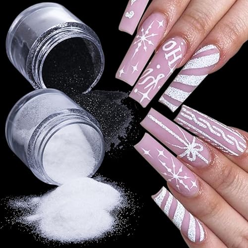 Black White Nail Glitter Powder, 6 Jars Extra Fine Sugar