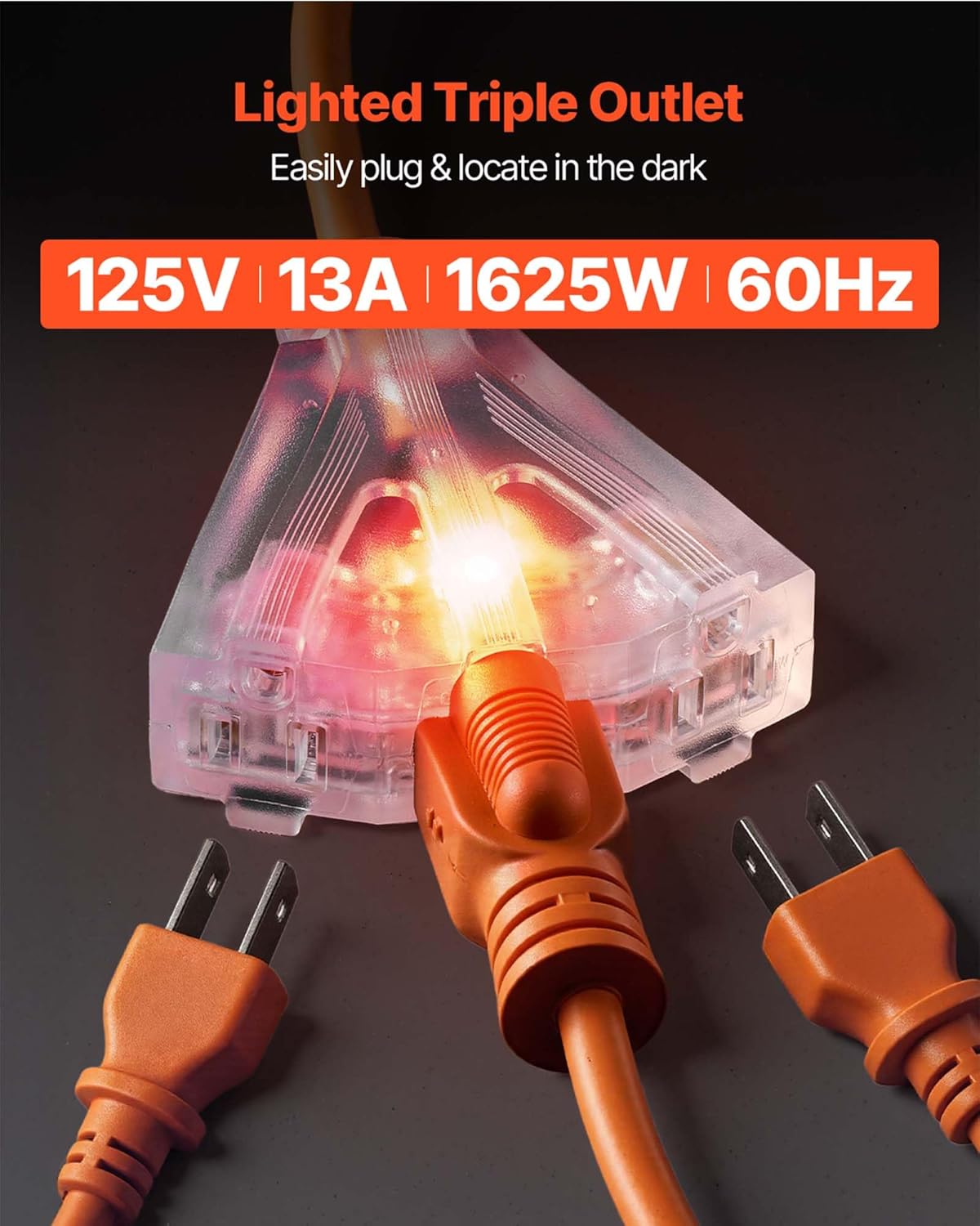 VEVOR Retractable Extension Cord Reel, 50 FT Heavy Duty 14AWG/3C SJTOW Power Cord with Lighted Triple Tap Outlet, 13 Amp Circuit Breaker, 180° Swivel Bracket for Ceiling or Wall Mount