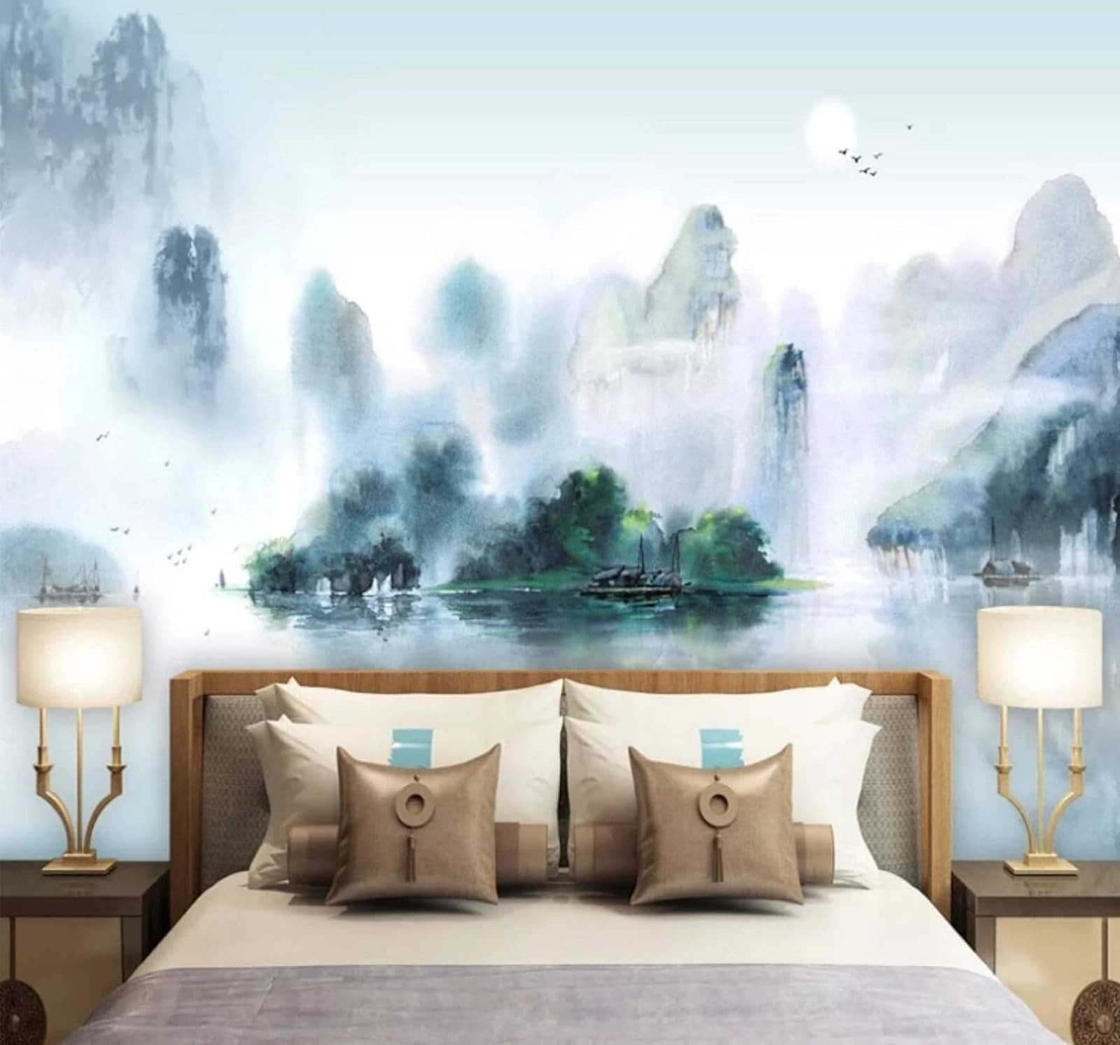 Hand Painted Ink Wash Landscape Scenery Artistic Atmosphere 3D Wallpaper Easy Install Feature Office Living Room Sofa Bedroom TV Background Wall Decoration-400cm×280cm