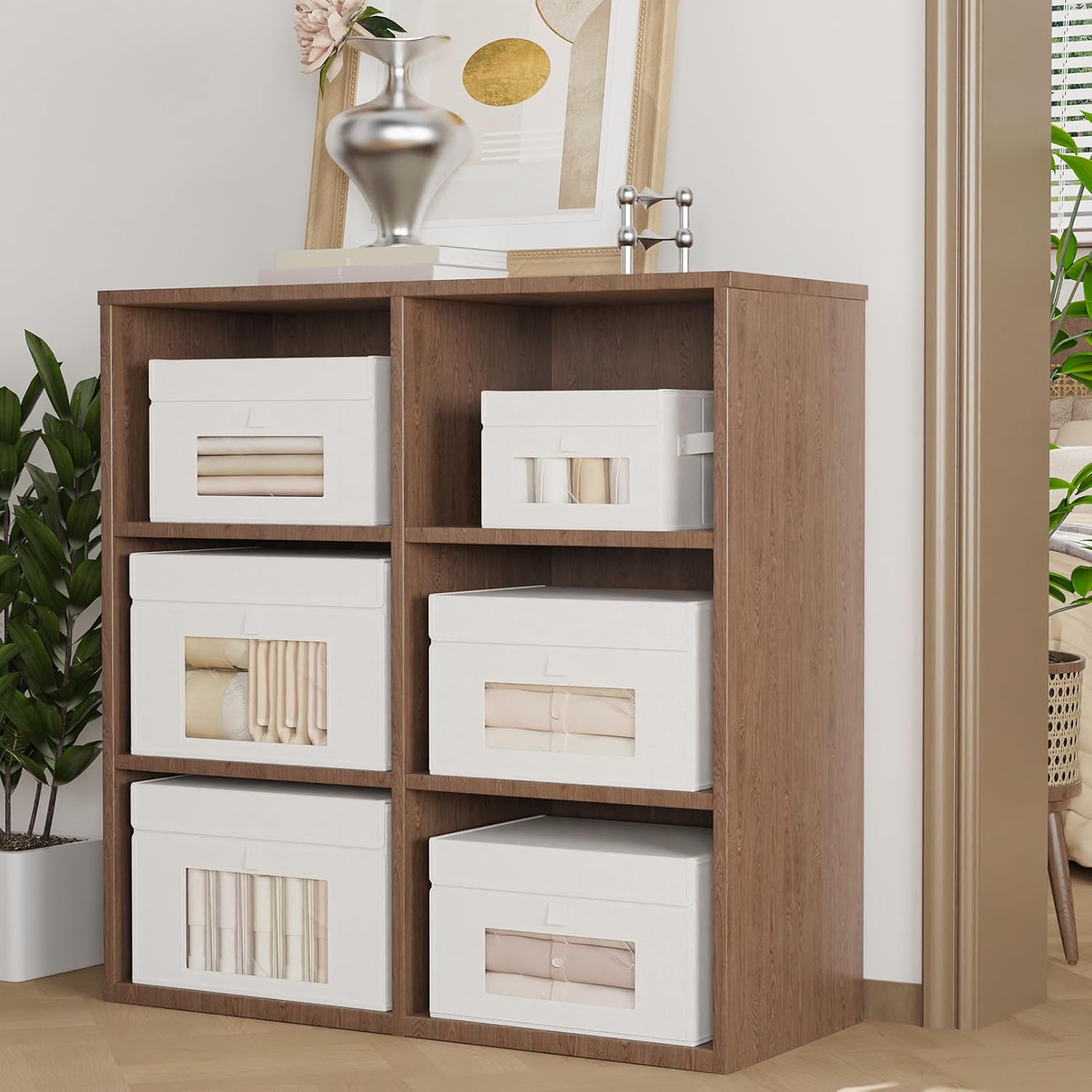 Storage Bins with Lids, Cube Organizer Basket with Window, Closet Boxes with Carrying 2 Handles and Sturdy PP Support Plate, 2 Pack, White, 15 x 9.8 x 9.8 In, XSNY17WL-2