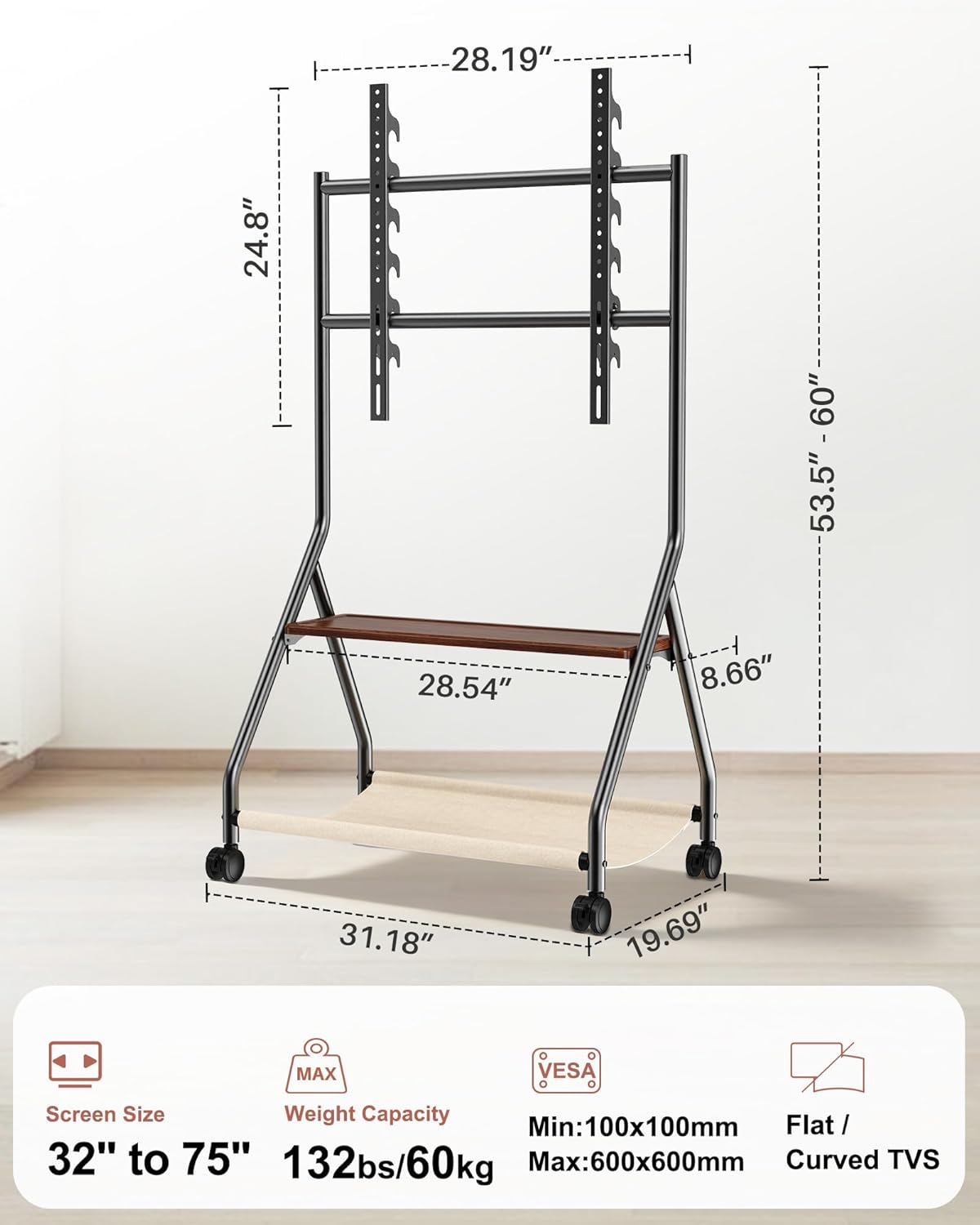 Rolling TV Stand with Cat Hammock for 32–75 Inch LCD LED Flat Curved Screens up to 132 lbs, Mobile TV Cart with Removable Pet Bed, Floor TV Stand with Wheels and Shelves for Living Room (Black)