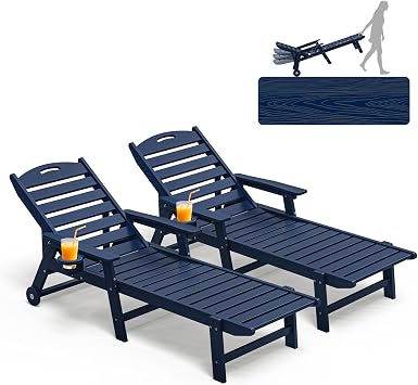 Plawdlik Oversized Patio Chaise Lounge Set of 2, 5 Positions Adjustable HDPE Outdoor Lounge Chair with Rolling Wheels & Cup Holder,All-Weather for Poolside, Beach, Garden - Navy Blue
