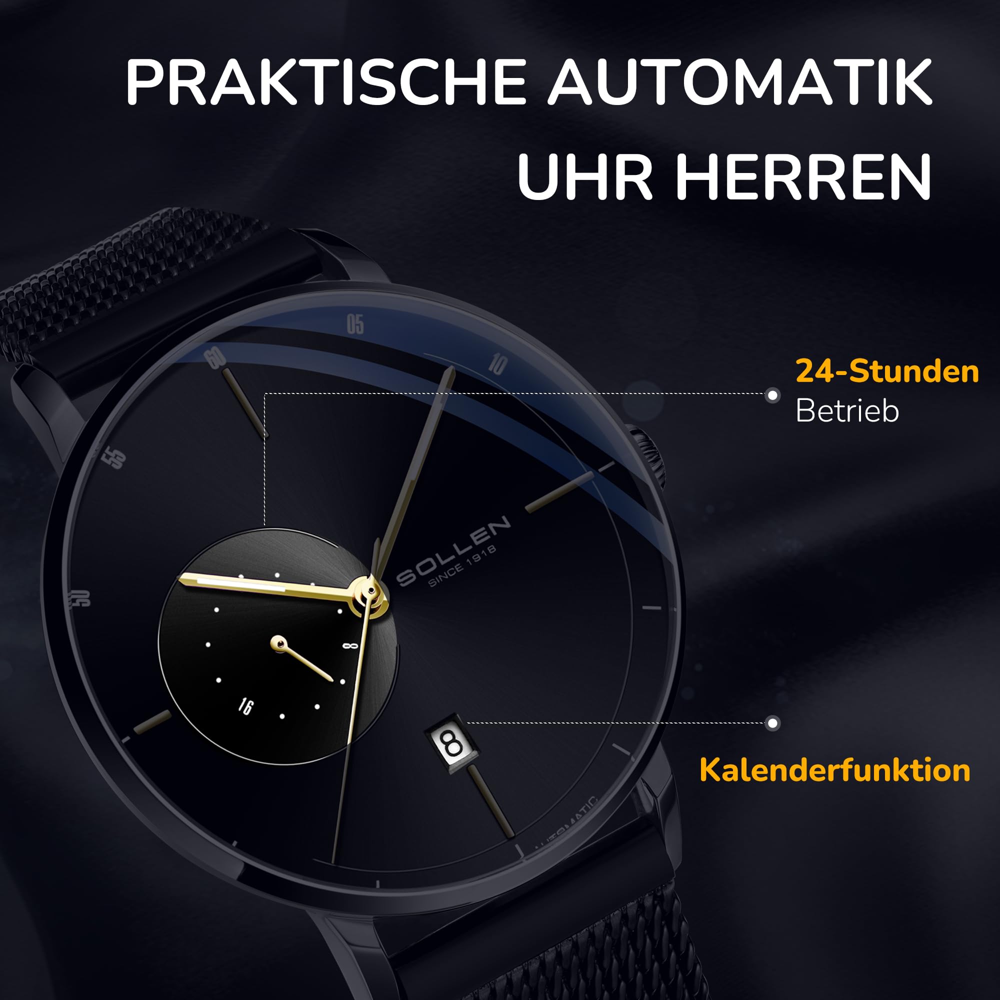 SOLLEN Minimalistische Automatikuhren Herren,Automatische Herrenuhren,Originales Mechanisches Uhrwerk,Wasserdicht Leuchtend Selbstaufzug Herrenuhr mit Kalendar,Business Armbanduhr für Männer