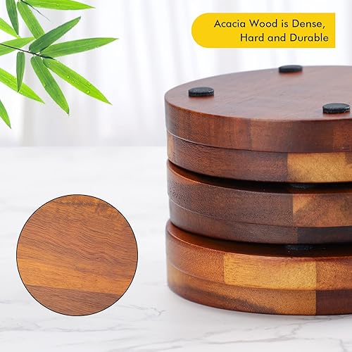 Miniatura 4 de WLWNWFT Posavasos de madera de acacia para mesa auxiliar, 6 posavasos de 4.72 pulgadas para bebidas, posavasos de fieltro absorbente para decoración