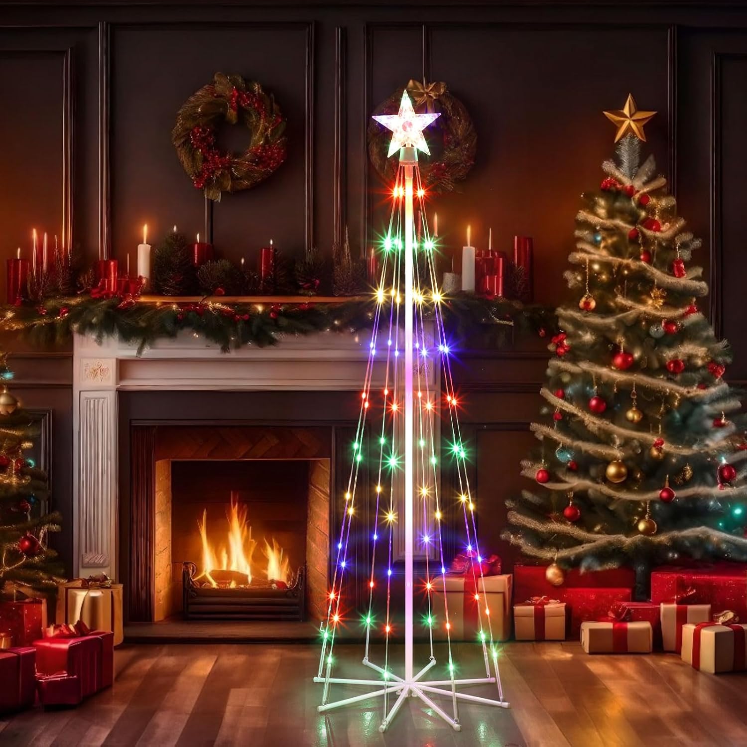 5' LED Animated Christmas Tree, Multicolor Lightshow Lighted Cone Wire Tree with Topper Star, Artificial Lighted Tree for Indoor/Outdoor Yard Patio