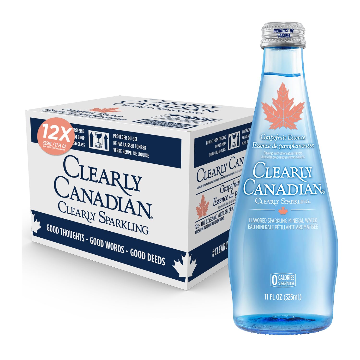 Clearly CanadianClearly Sparkling Grapefruit Essence Unsweetened Flavored Sparkling Mineral Water, Zero Sugar & Zero Calories, 1 Case (12 Bottles x 325mL)