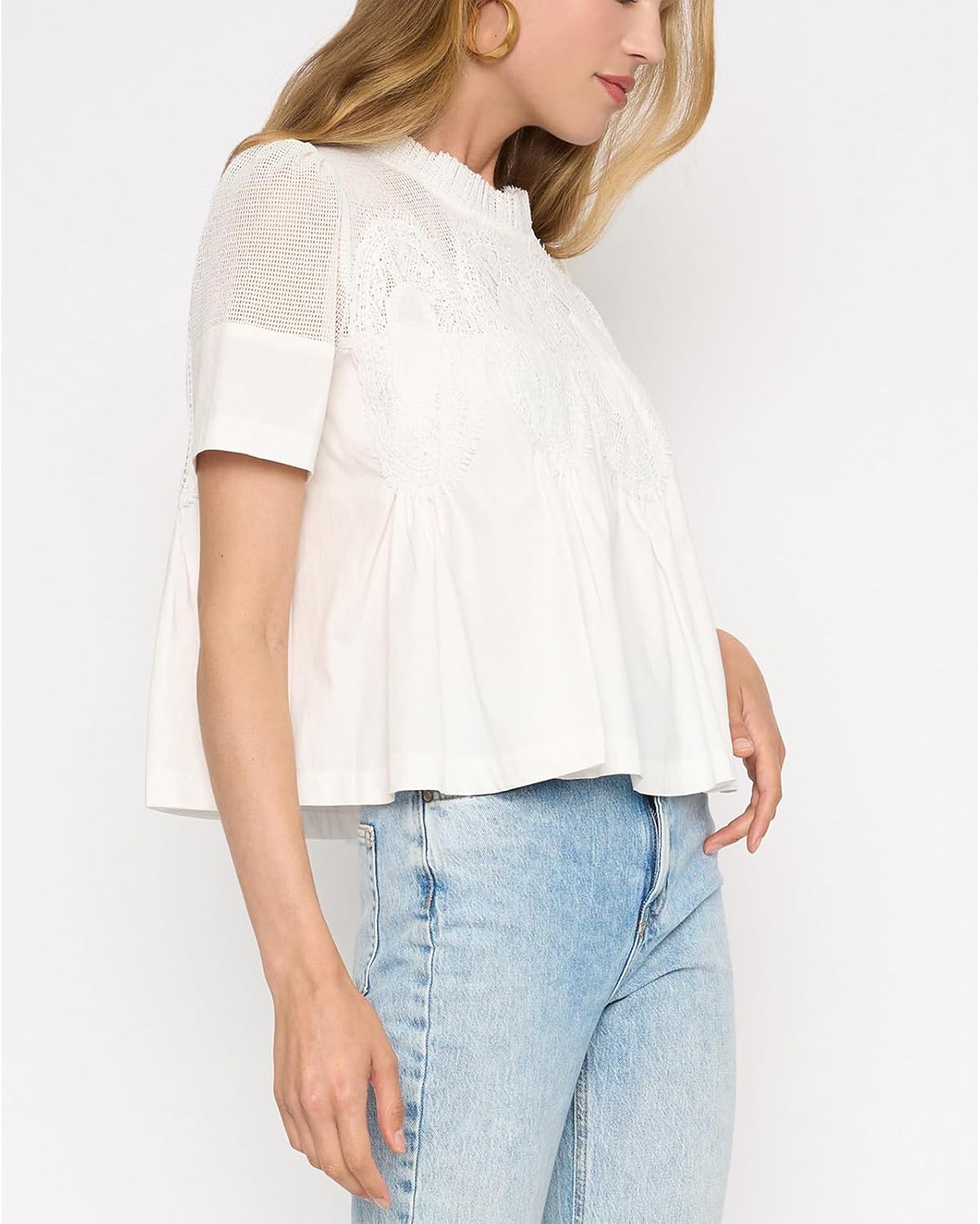 Women's Babydoll Tops Short Sleeve Lace Detail Blouses Flared Pleated Swing Sheer Mesh Shirts - Image 3