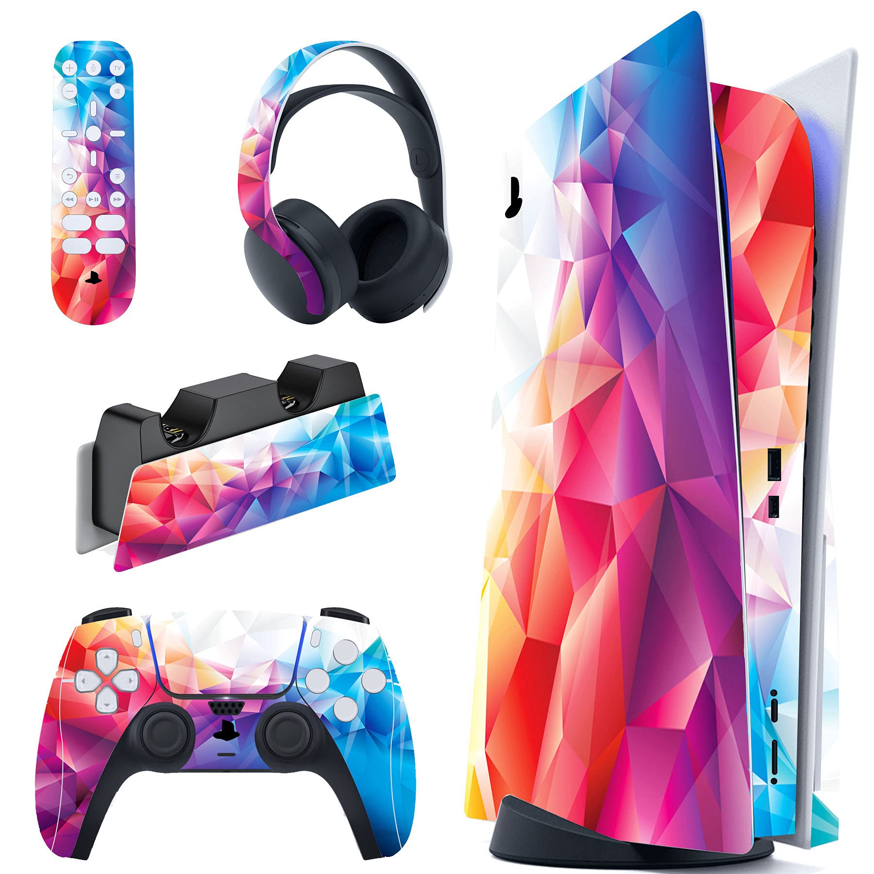 PlayVital Dazzling Prism Full Set Skin Decal for PS5 Console Disc Edition, Sticker Vinyl Decal Cover for PS5 Controller & Charging Station & Headset & Media Remote