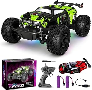 1/18 RC Truck with 2 Rechargeable Batteries, Easy for Boys 3-8, Green | 2.4GHz All Terrain RC Car with Flash Colorful Lights & Replaceable Shell, 30KPH Off-road Remote Control Truck, Gift for Kids