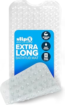 SlipX Solutions Power Grip Extra Long Bath Tub & Shower Mat 39x16, Wet Floor Non-Slip for Elderly & Kids Bathroom, 30% Longer Bathtub Mats, 200 Suction Cups, Drain Holes 1, Clear