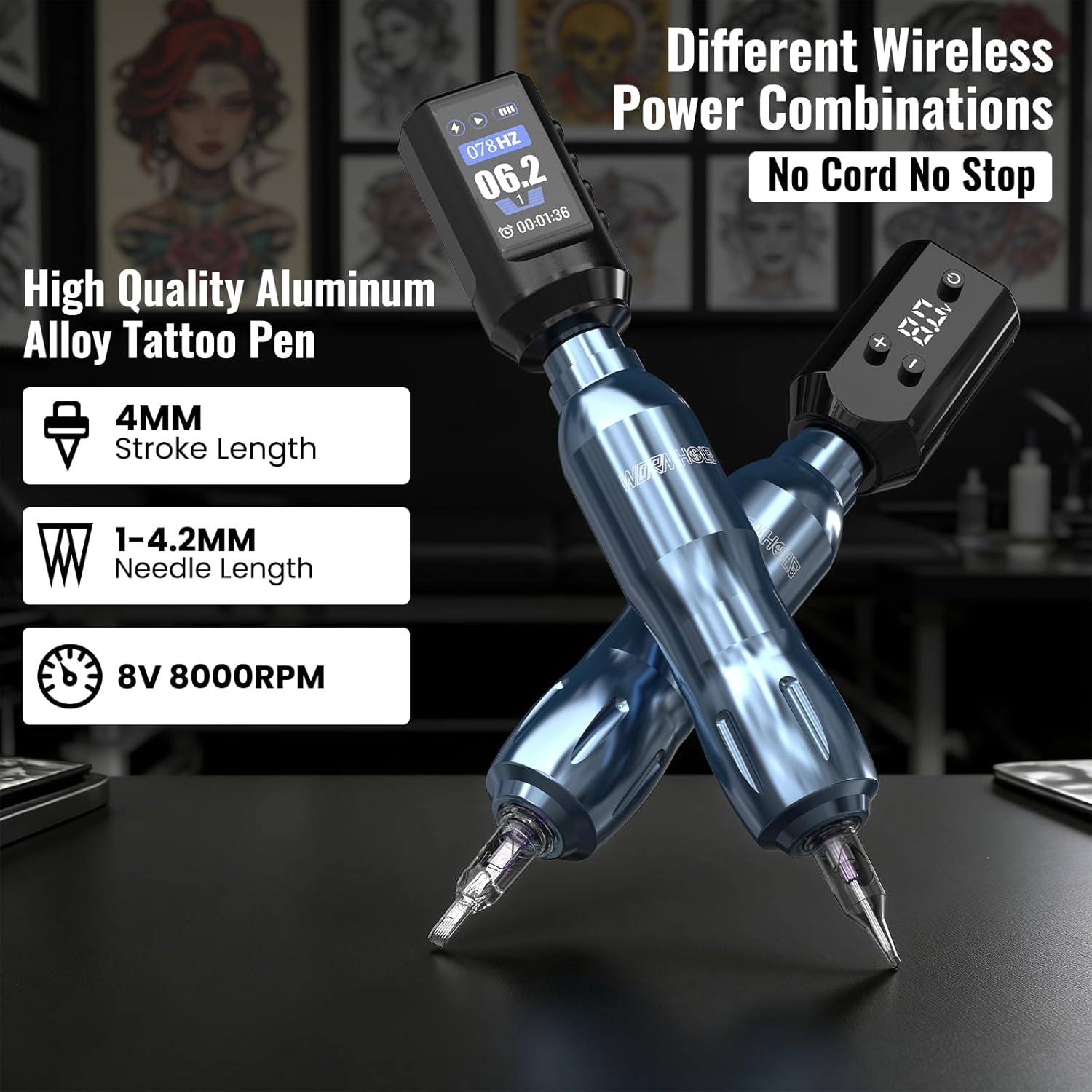 Wormhole Tattoo Gun Tattoo Kit with Wireless Tattoo Machine, 2PCS Tattoo Batteries, 20 Tattoo Cartridge Needles, 10 Tattoo Ink Color Set for Artists