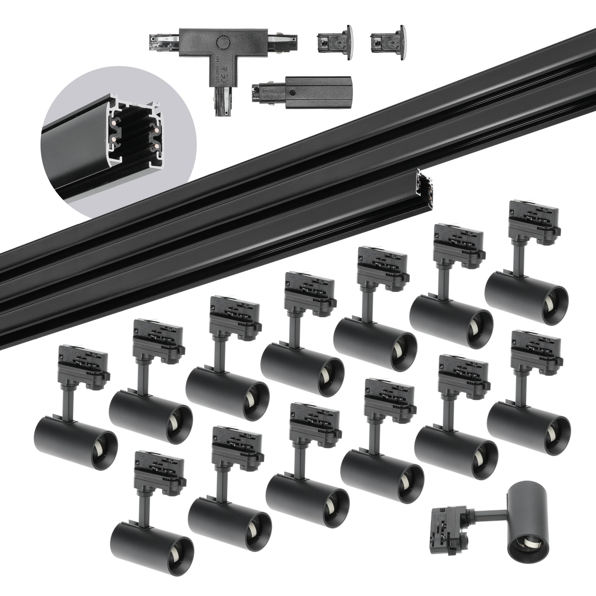 NEXTRACK 3-Phasen-Schienen-Set 1m+2m+2m 14x GU10-Lampe T-Verbinder Netzteil Kappe Schwarz