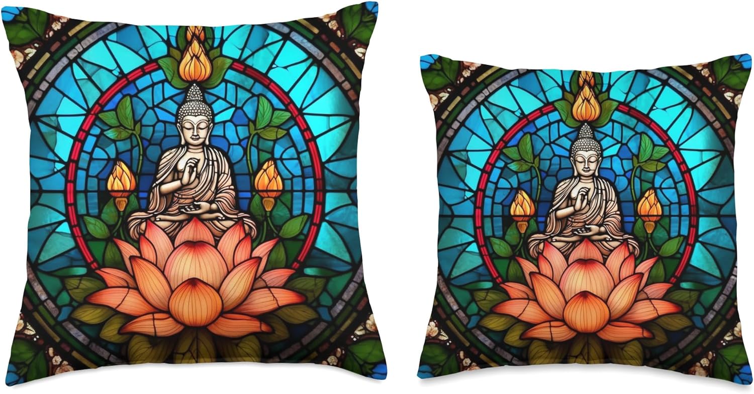 Lotus Flower Buddha Stained Glass Lotus Blossom Meditation Throw Pillow