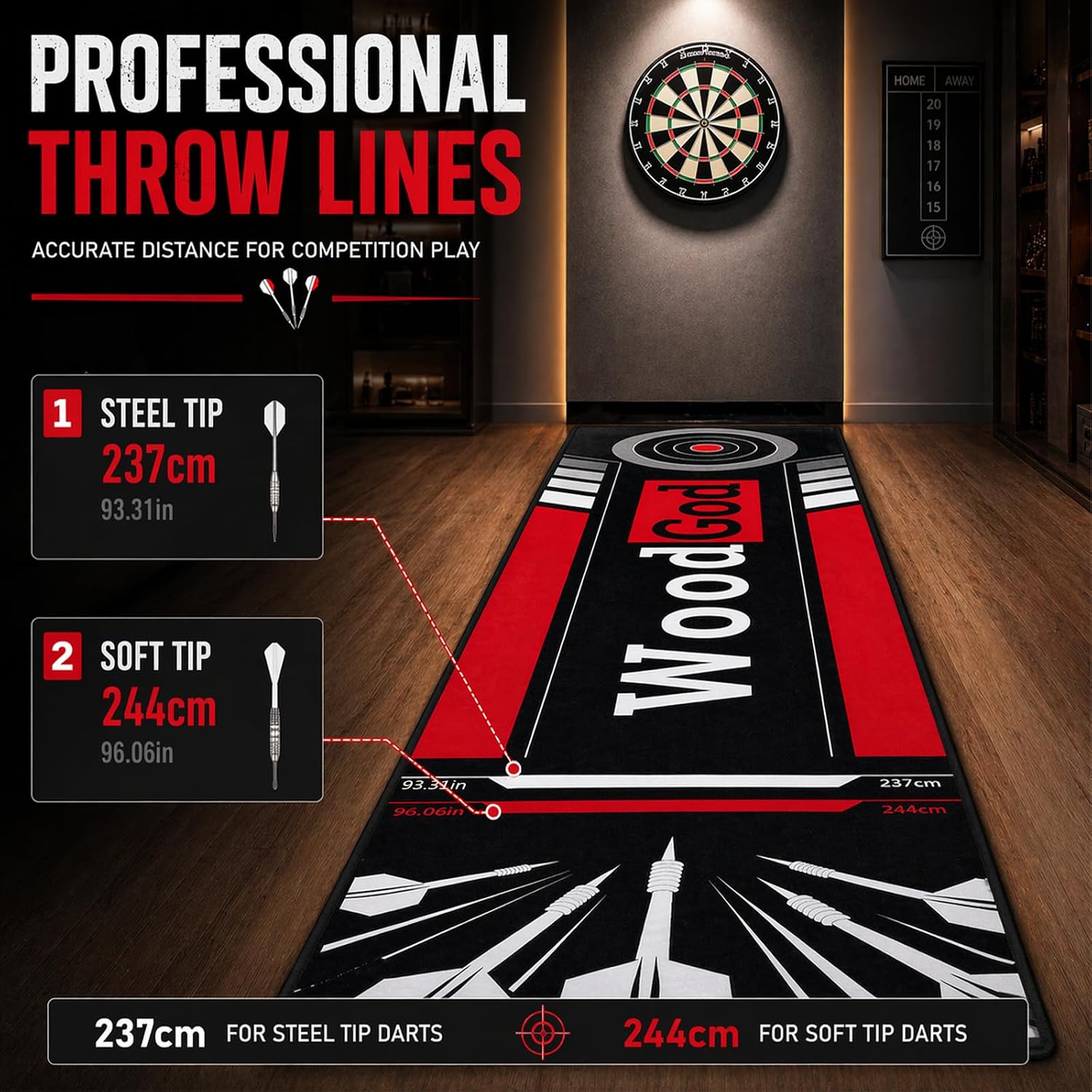 Dart Mat, 118x24inch, Dart Mat with Throw Line for Steel Tip & Soft Tip, Professional Dart Rug, Anti-Slip, Protects Floor and Darts