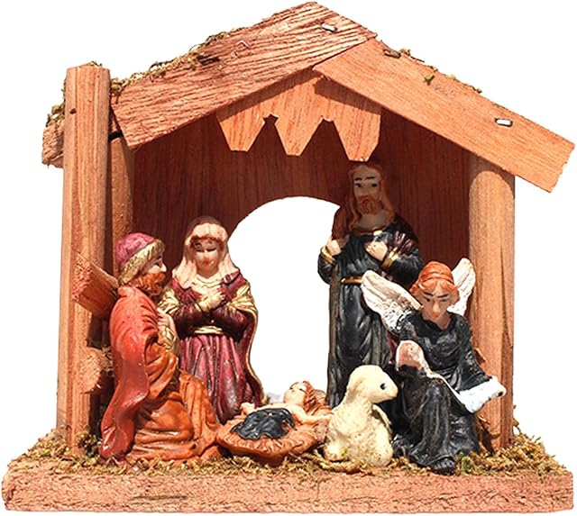 Yusheng Christmas Crib Figure Krippe Set Traditional Nativity Scene Ornamente With Resin Figures Statue & Wooden House, Nativity Manger Ornament Religious Figures Jesus Decorations 14x7x13cm