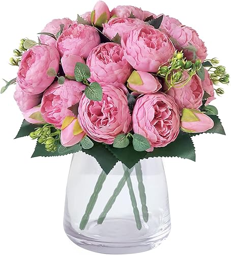 Wcro 4 racimos de flores artificiales de peonías de seda de 20 cabezas, flores falsas para decoración del hogar, ventana, boda, fiesta (rosa),