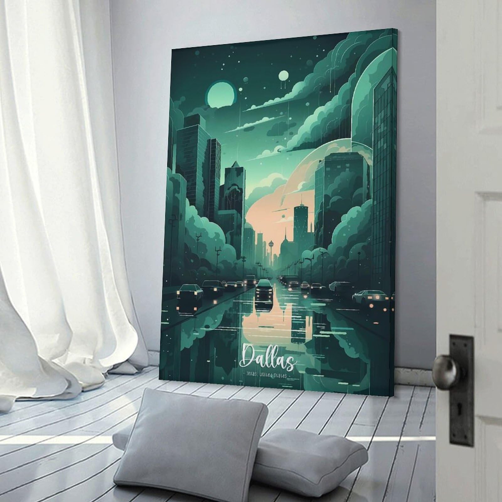 Junmoney Dallas Skyline Panorama Decorative Wall Artwork 24x36inch(60x90cm), for Home Lounge, Bedroom Or Reading Nook, Easy Decor for Gallery Walls