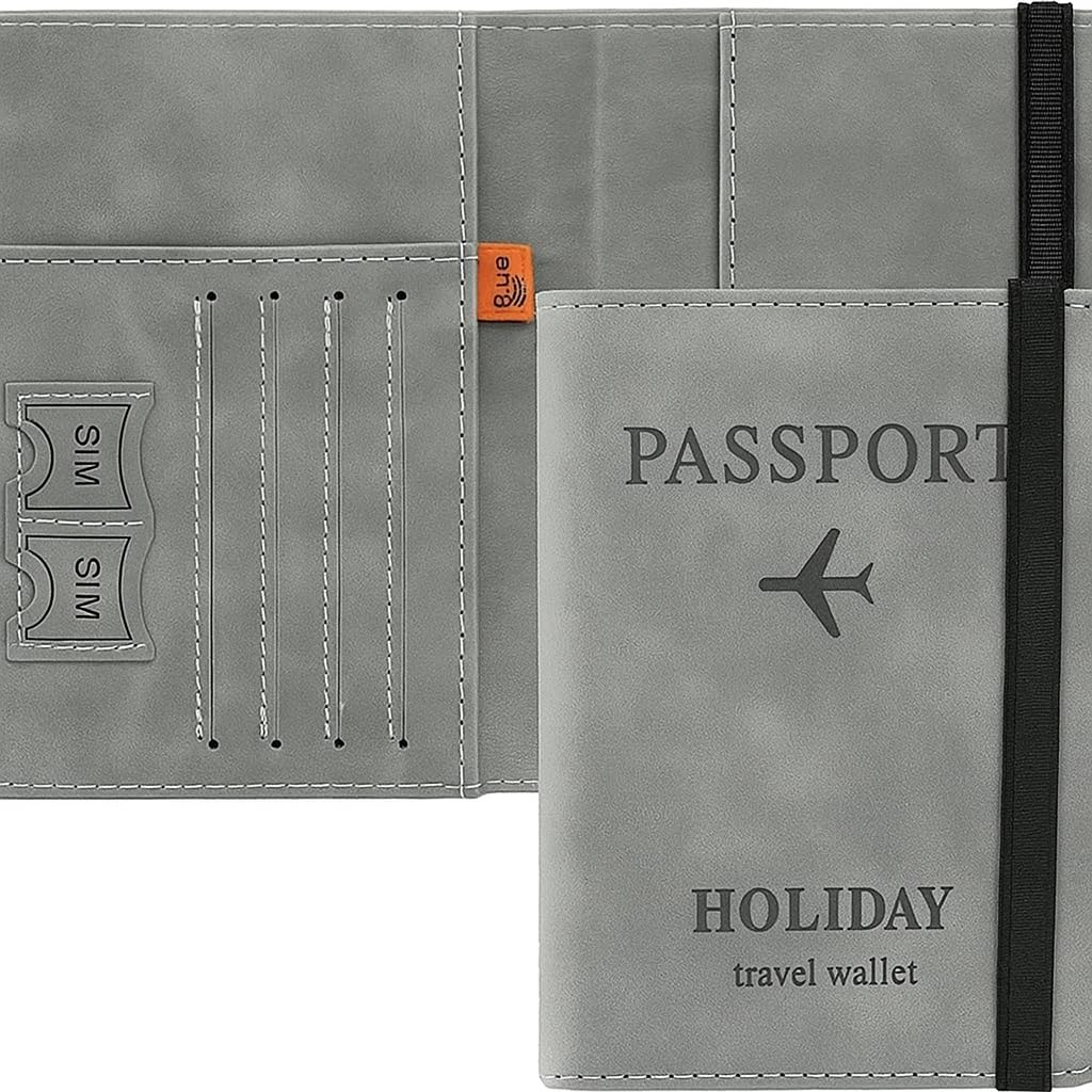 Grey RFID Blocking PU Leather Travel Passport Holder Cover Travel Wallet Organiser Passport Case Travel Document Organiser for Men & Women(14.8 X 11CM)