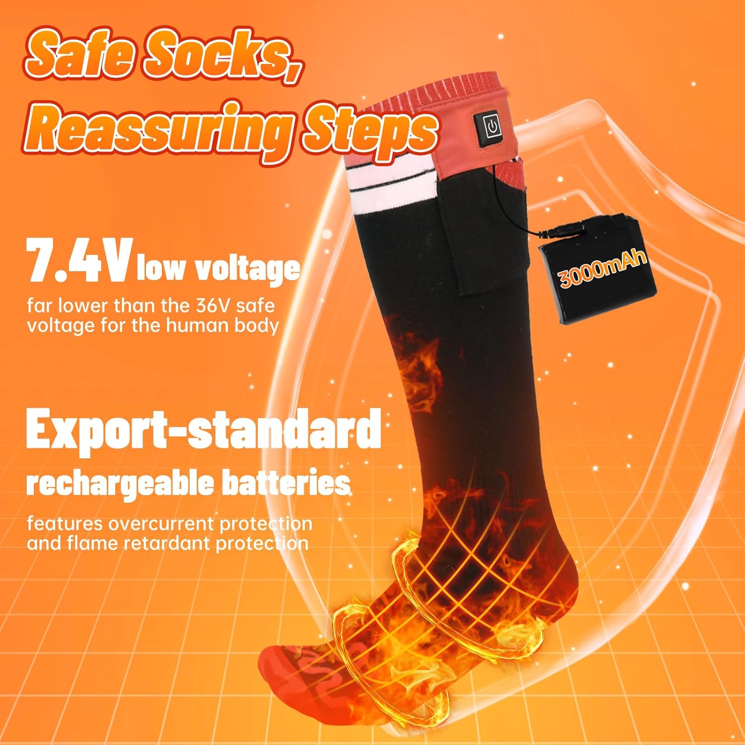 Heated Socks for Men Women Rechargeable, Electric Cold Winter Heat Socks Rechargeable Battery Waterproof & Windproof Winter Socks for Outdoor Riding Camping Hiking (Orange, XL)