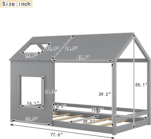 Miniatura 10 de Livavege Cama de madera de tamaño individual con techo y ventana, base de cama Montessori con plataforma individual para niños y niñas, divertido