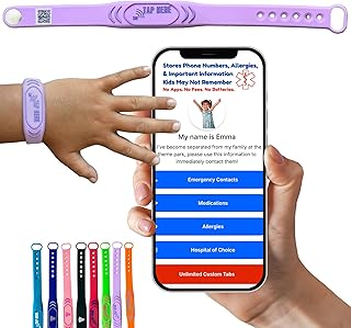 Adjustable Kids ID Bracelet – NFC Smart Safety Band with “Tap Here” Logo, Child ID Wristband for Nonverbal Kids & Medical Info, Waterproof Silicone, Not GPS, No Subscription