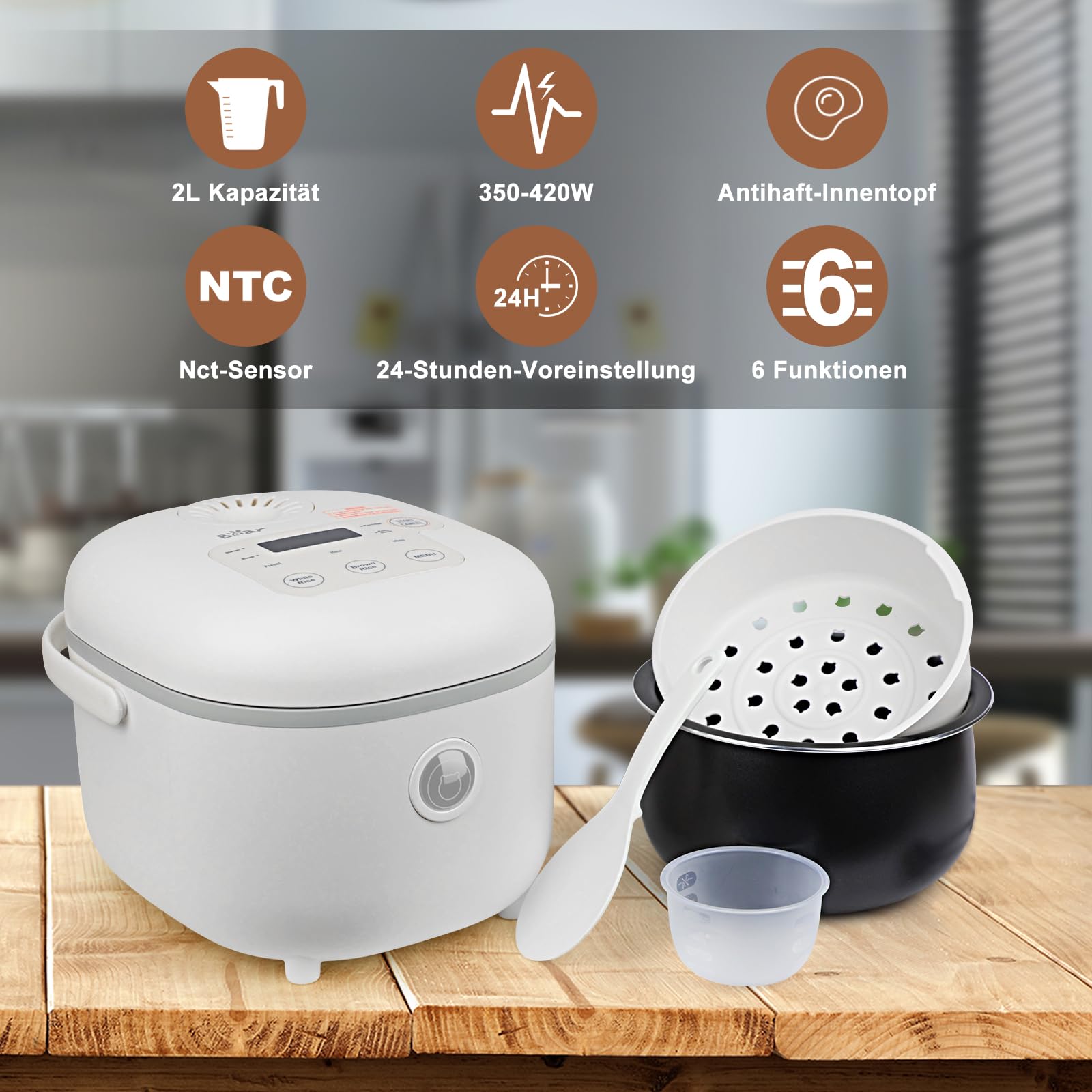 Bear Reiskocher 4 Tassen (ungekocht) mit Dampfgarer, Multifunktioneller 350W Elektrischer Rice Cooker Mini,6 Reiskochfunktionen für 2-4 Personen,Weiß