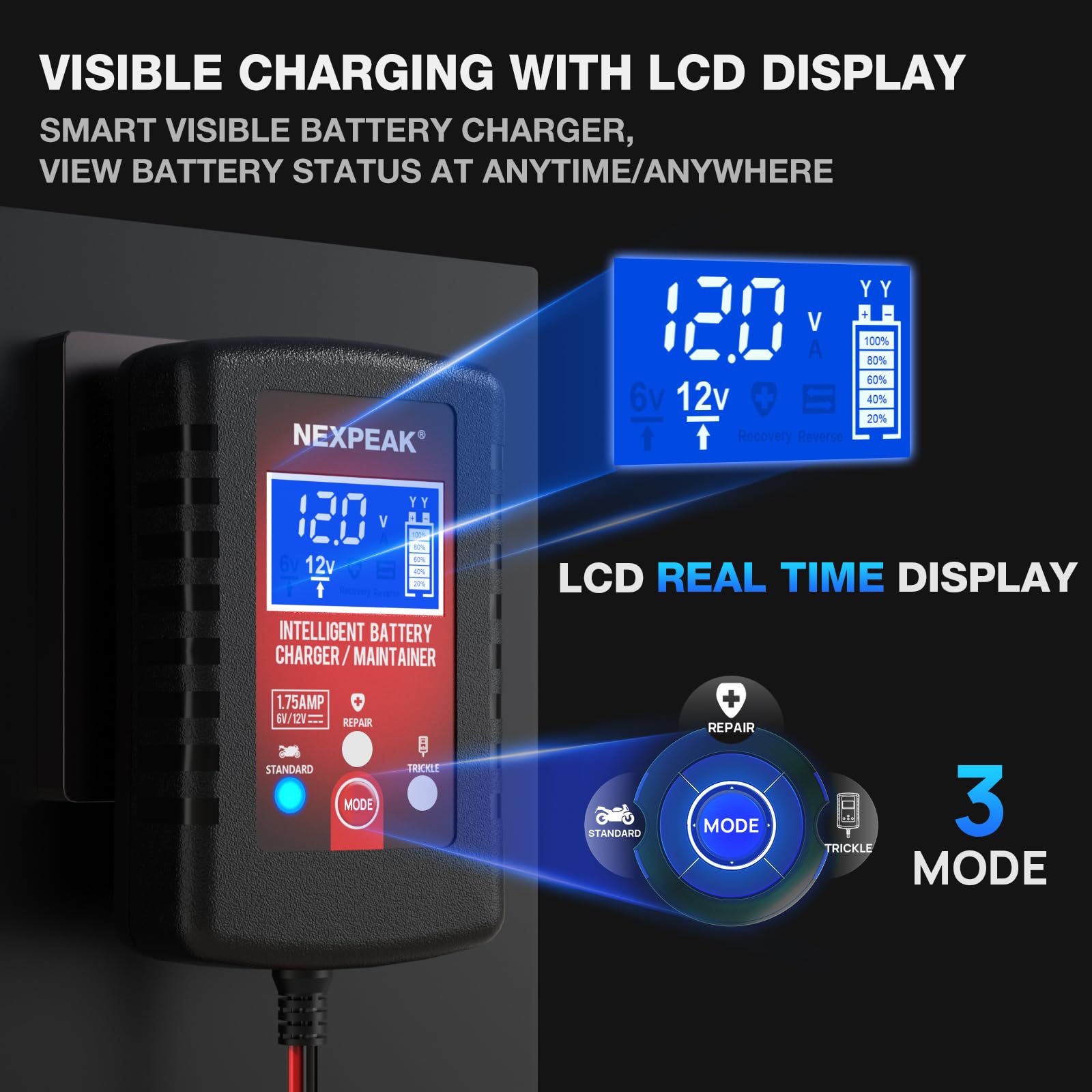 [4-Pack] 1.75A Car Battery Charger, 6V and 12V Smart Fully Automatic Battery Charger Maintainer, Trickle Charger, Battery Desulfator for Car, Lawn Mower, Motorcycle, Boat, Marine Lead Acid Batteries - 2