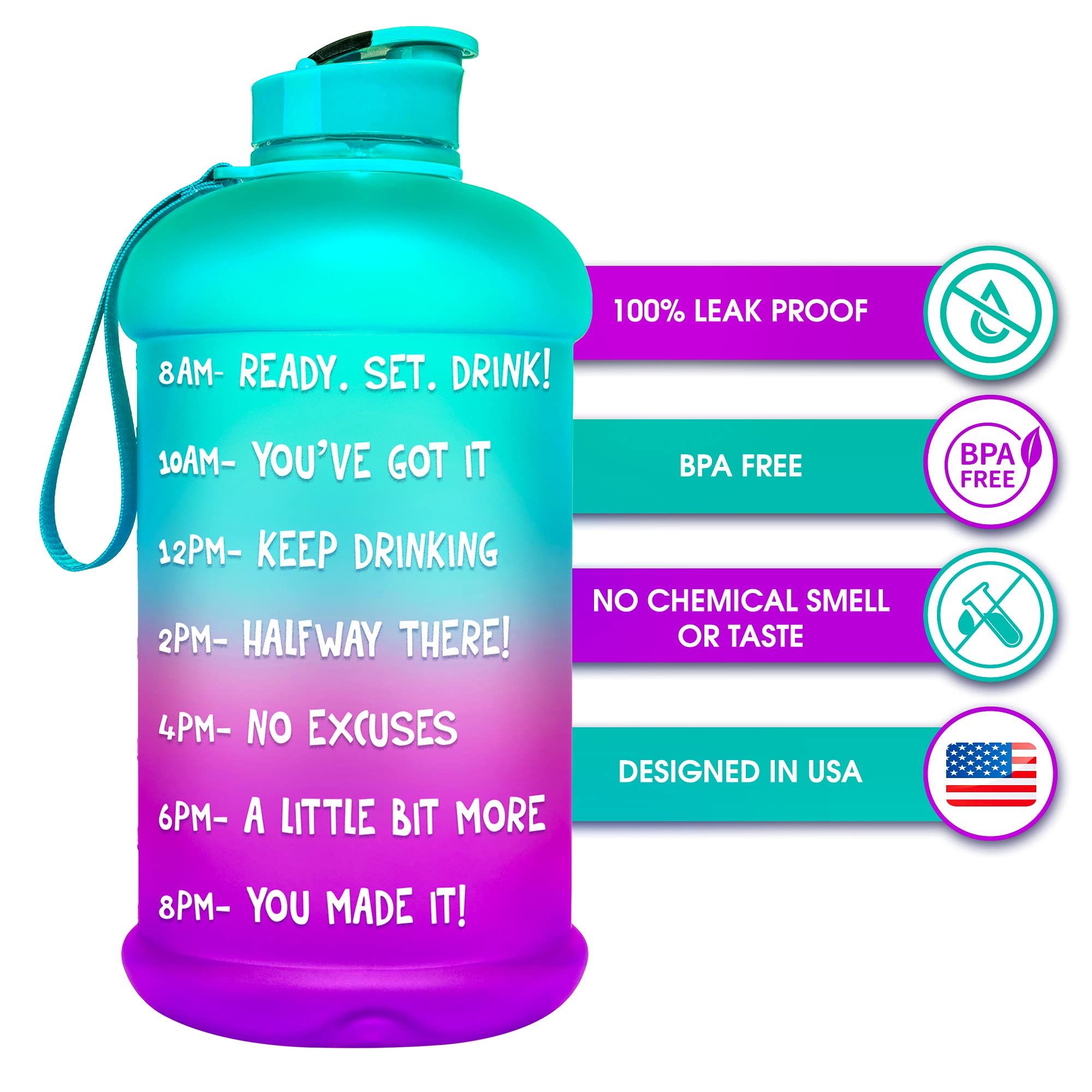 HydroMATE 1/2 Gallon Water Bottle with Times to Drink BPA Free Leak